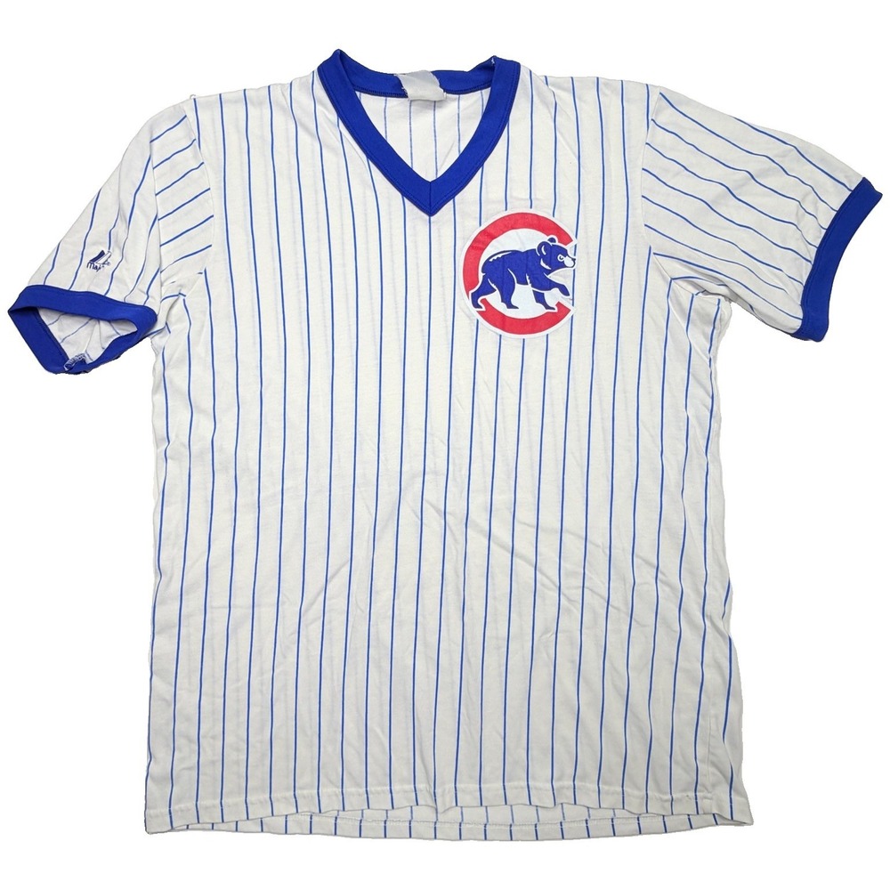 Vintage 90s Majestic Chicago Cubs Pinstripe V-Neck Ringer Shirt MLB